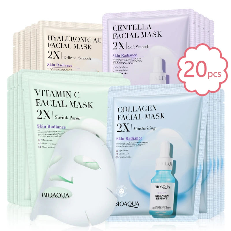 Korean Centella & Collagen Facial Mask BIOAQUA – 20 Pack for Deep Hydration & Anti-Aging