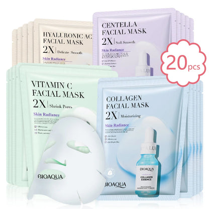 Korean Centella & Collagen Facial Mask BIOAQUA – 20 Pack for Deep Hydration & Anti-Aging